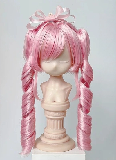 ドール用ウィッグ ロングヘアー【G-2】スパイラルカール 前髪あり ツインテール スタイリングウィッグ ピンク MSD/SDサイズ 女の子用 球体関節人形用 BJD