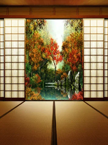 人形アイテム 人形用撮影背景の布 和室窓外の紅葉 y1481