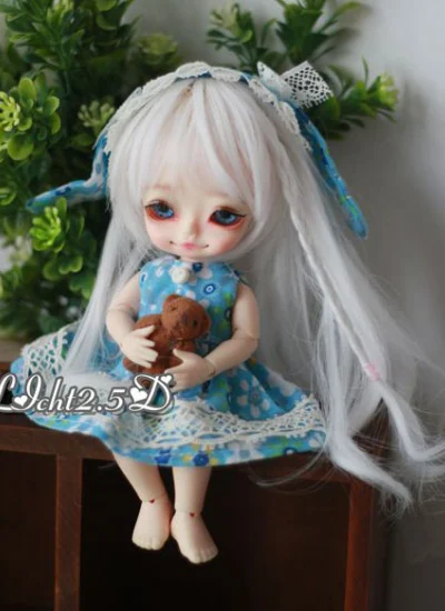 BJD ドール用ウィッグ 1/8サイズ用 ホワイト/ピンクあり ストレート 66-2