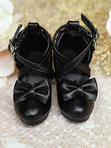 BJD ドール用 お靴 ヒール リボン ブラック ホワイト SD/MSDサイズ人形用