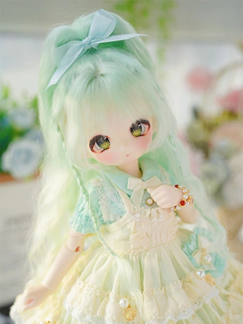 BJD ドール用 モヘアウィッグ グリーン/ピンク 幼SDサイズ人形用