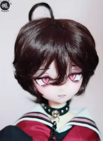 ドール用ウィッグ ショート 前髪 ダークブラウン ピンク MSD/小顔SD/SDサイズ人形用 BJD DOLL