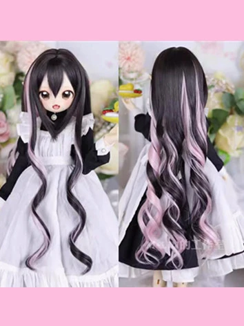 ドール用ウィッグ ポイントカラー ロングカールウィッグ 前髪あり ブラック＋ピンク SDサイズ人形用 柔らかい糸 BJD DOLL