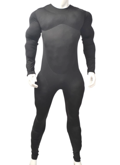 着るだけで秒速マッチョ！黒色ビッグマッスルスーツ お腹部分も綿詰めでリアルな膨らみを演出！背中ファスナー付きで着脱簡単、1秒でムキムキボディ サイズオーダー承ります
