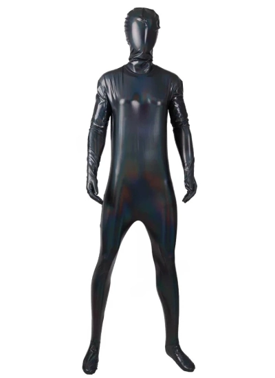 ラメブラック ラバーコーティング フルカバー全身タイツ 背中ファスナー付き サイズオーダー対応 目の有無選択可 男女兼用 伸縮性あり