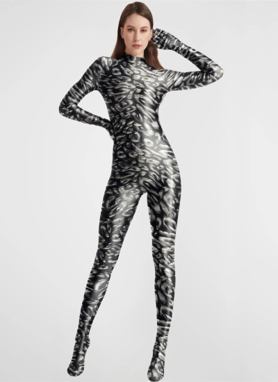 セクシーコスプレ 黒ヒョウ柄 ブラックのヒョウ柄 ゼンタイ ゴールドホットスタンプ 弾性ライクラ ワイルドレオパード 全身タイツ コスプレ セクシー ステージ衣装