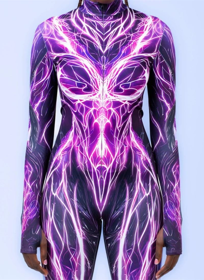 【稲妻柄】パープル×稲妻デザイン クール ライクラ デジタルプリント全身タイツ 立体感パターン 柔らか通気性抜群 フルボディスーツ