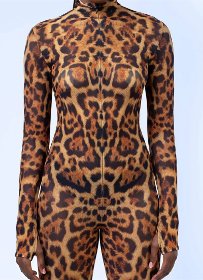 【ブラウンレオパード柄】アニマル風 立体裁断 ライクラ使用 デジタルプリント全身タイツ 立体感のある柄 柔らかく通気性抜群