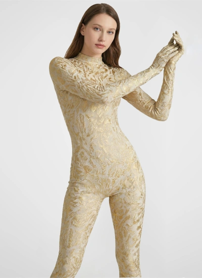 柔らか快適！ソフト肌触り ペールベージュ ゴールドホットスタンプ 金箔押し ヒョウ柄 全身タイツ ゼンタイ ハイクオリティ イベント パーティー 仮装イベント