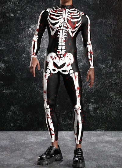 【ハロウィン・ダークスカル風】立体裁断 ライクラ デジタルプリント全身タイツ リアル立体感 柔らか肌触り 通気性