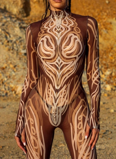 ブラウン トライバル柄 落ち着いたパワー感 ライクラ 3Dデジタルプリント全身タイツ 立体パターン ソフト通気性