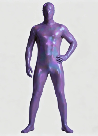 ホログラム光沢！パープル 紫 全身タイツ 鮮やか光沢 ストレッチ抜群 男女兼用 後ろファスナー付き コスプレ・ステージ ハロウィン