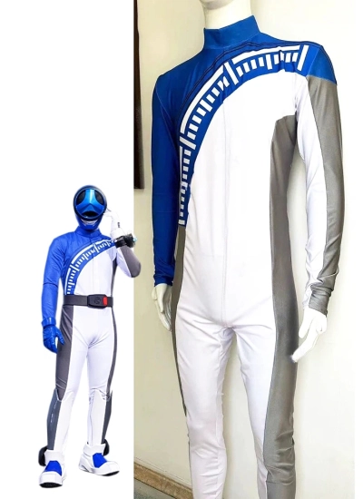 爆上戦隊ブンブンジャー ブンブルー コスプレ タイツ ボディスーツ グローブ付き 白マスク付き サイズオーダー可 完成品 仮装 ハロウィン イベント