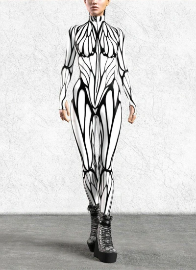 白黒の蝶の羽根風デザイン ボディスーツ デジタルプリント ストレッチ抜群 柔らか素材 豊富なサイズ イベント・仮装に人気 高品質・ハロウィン対応