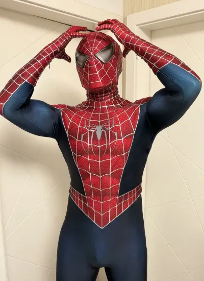 シリコーンスクリーン・プレミアムシリーズ👑  シルバーのライン部分シルクプリント spiderman風 Tobey スパイダーマン風 トビー 赤 レプリカスーツ  全身タイツ コスプレ コスチューム cosplay 仮装