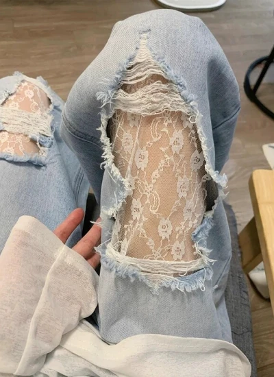 【ボトムス】S～5L ヴィンテージブルー レース ダメージ加工 デニムパンツ 薄手 ビッグサイズ ぽっちゃり ハイウエスト 見え痩せ ヒップカバー ゆったりワイドレッグ レディース