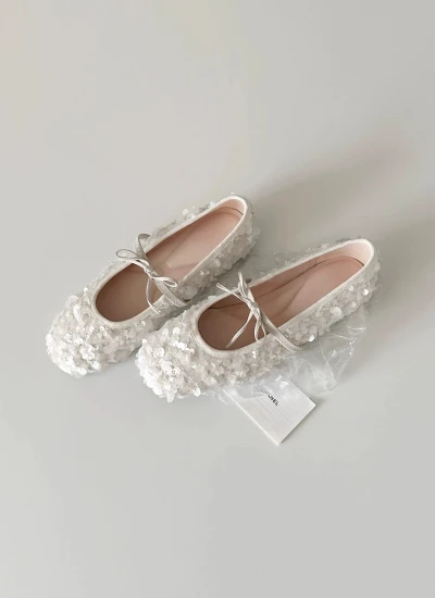 【シューズ】ラウンドトゥ フレンチスタイル リボン×ラメ 浅めバレエシューズ  フラット 優しい雰囲気