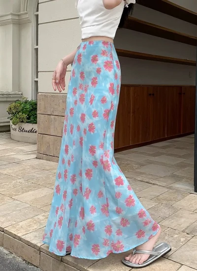 【ボトムス】 ギャル フローラル柄 ボディコンワンピース フリルマーメイドスカート 夏コーデ