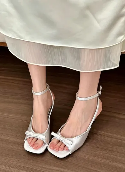 【シューズ】絶美フレンチ サテンワンストラップ リボンあしらい スティレットヒールサンダル   ヒールの高さ4-8cm