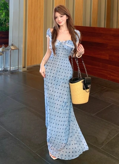 【ワンピース】👑デート・日常着に 可愛い♡ フレンチレトロ ロマンティック 水玉 シフォン ワンピース エレガント 爽やかブルー水玉