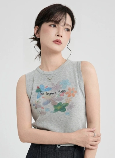 【トップス】グラフィティ×フラワー アートな花柄 ニットキャミソール 個性的なトップス 夏コーデ