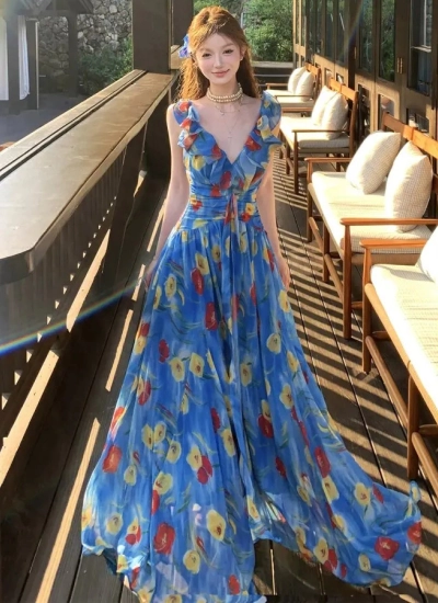 【ワンピース】ビーチリゾート風  デザイン性 清純セクシーフローラルワンピース