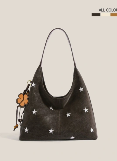 今だけ!チャームgift🌟【バッグ】4色展開⭐星刺繍 大容量トートバッグ トレンド ショルダーバッグ コーデしやすい 通勤バッグ アームホルダー レディース グレー ブラウン ホワイト ブラック