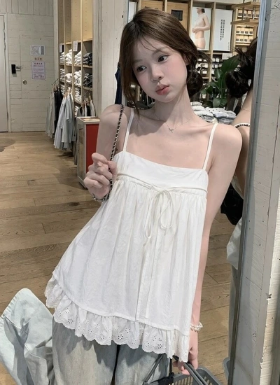 【トップス】🎀甘くてガーリー カットアウト&レーストリム キャミソール リボン結び ノースリーブトップス 夏コーデ ホワイト むらさき