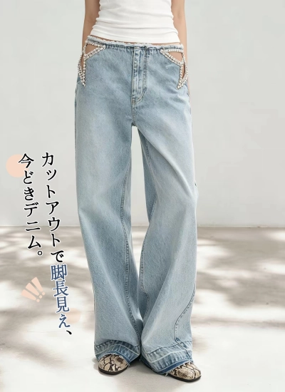 【ボトムス】アメカジデザイン 星柄カットアウト ストーンあしらい デニムパンツ ストリートギャル 細見え 夏コーデ ブルー
