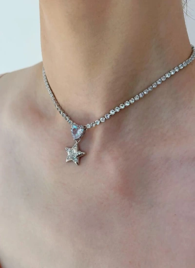 【アクセサリー】超キラキラ ハート 星 ストーンチェーン 甘×クール ギャル 高級感 チョーカー シルバー
