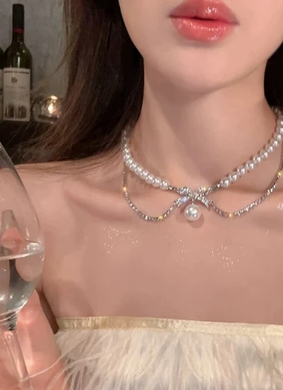 【アクセサリー】上品リボン×パール チョーカーネックレス 気高い輝き 大人かわいい デイリーユース シルバー