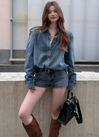 【2点セット】香港風レトロ ゆったりデニムジャケット + カジュアルストレートショートパンツ 2点セット ブルー