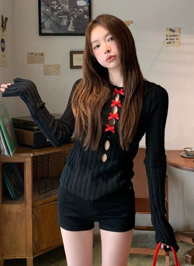 【トップス】リボンデザイン 透かし編みニットトップス ブラック レディース 長袖 フェミニン セクシー スリムシルエット トレンド 秋冬コーデ