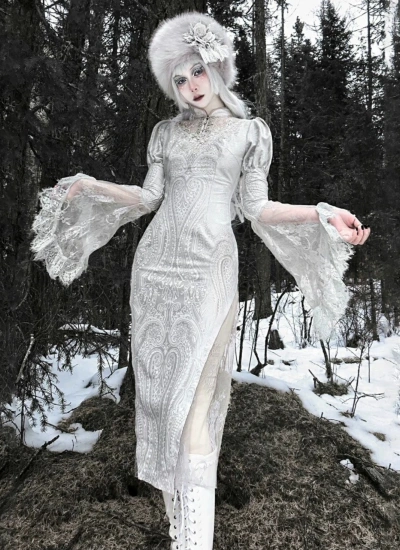 オリジナル♡【ワンピース】 雪国の呼び声 ジャカードレース×ベルベット フィッシュテールチャイナドレス