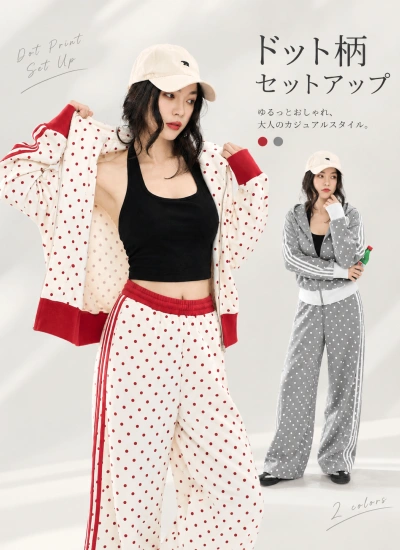 【予約販売】一枚でこなれ見え♡【アウター】ドット柄フーディーセットアップ｜ゆるシルエットで楽しむ大人のカジュアルコーデ
