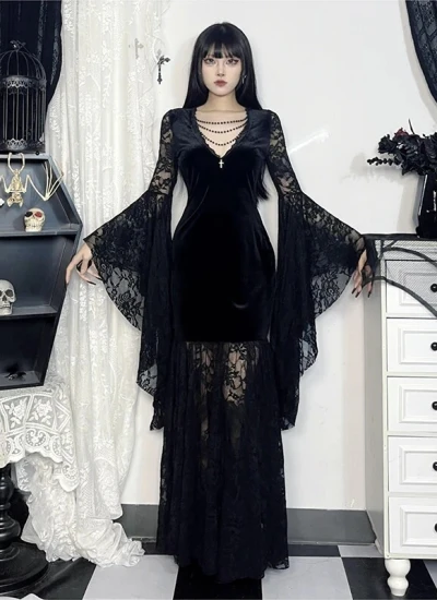 ハロウィンで映える♡【ワンピース】大人の魔女スタイル♡ ダークゴシック レースロングワンピース