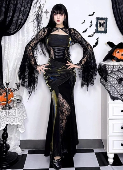 【ワンピース】ダークゴシック風ドレス 黒レースワンピース レディース ハロウィン衣装 魔女 バタフライスリーブ