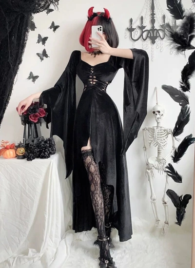【4点セット】ヴァンパイア コスプレ衣装 ダークゴシック ロングワンピース ベルベット＆レース バットモチーフ レディース 仮装