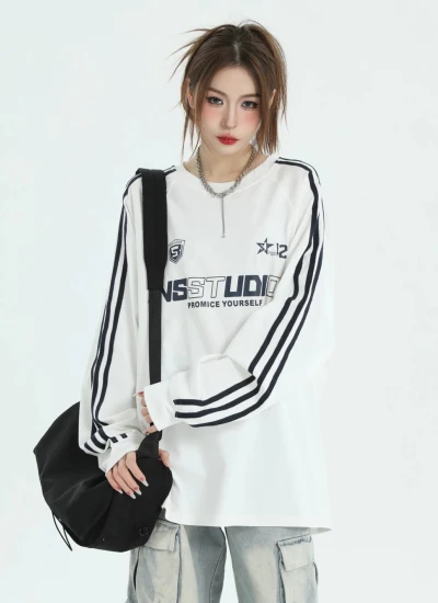 3ラインデザイン♡ 【トップス】INSstudios アメリカンヴィンテージ 3ライン ラグラン長袖Tシャツ コットン オーバーサイズ  カジュアル ゆったり レディース メンズ ファッション
