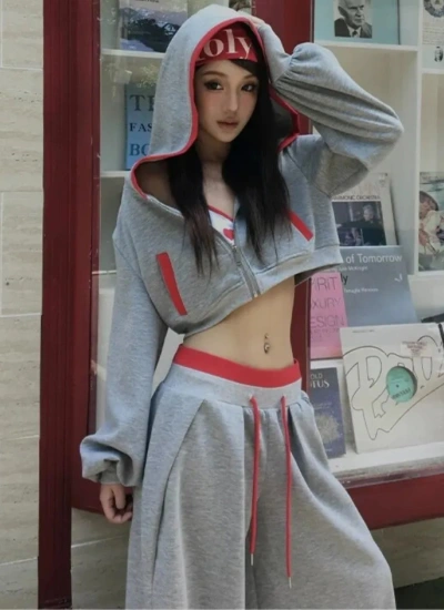 今季注目⭐【アウター】ゆったり 配色パッチワーク フード付きスウェット ストレートパンツ｜こなれ感たっぷりのカジュアルスタイル グレー