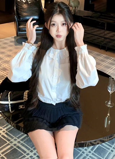 【トップス】レース襟付きドールカラー ブラウス&スカート 2点セット フェミニン ガーリー 韓国風 秋コーデ