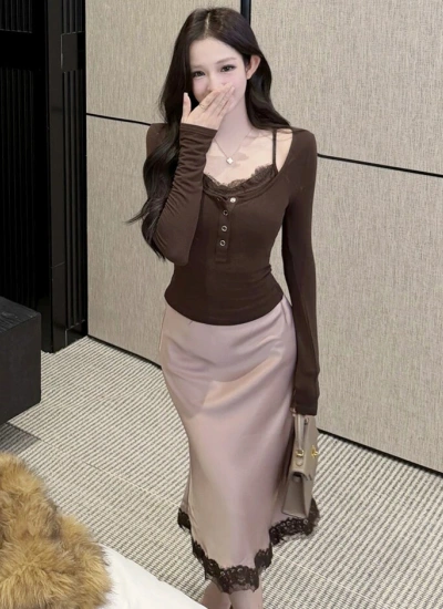 【トップス】レーストップス&サテンマーメイドスカート セットアップ レディース 長袖 スリムフィット フェミニン 甘辛コーデ